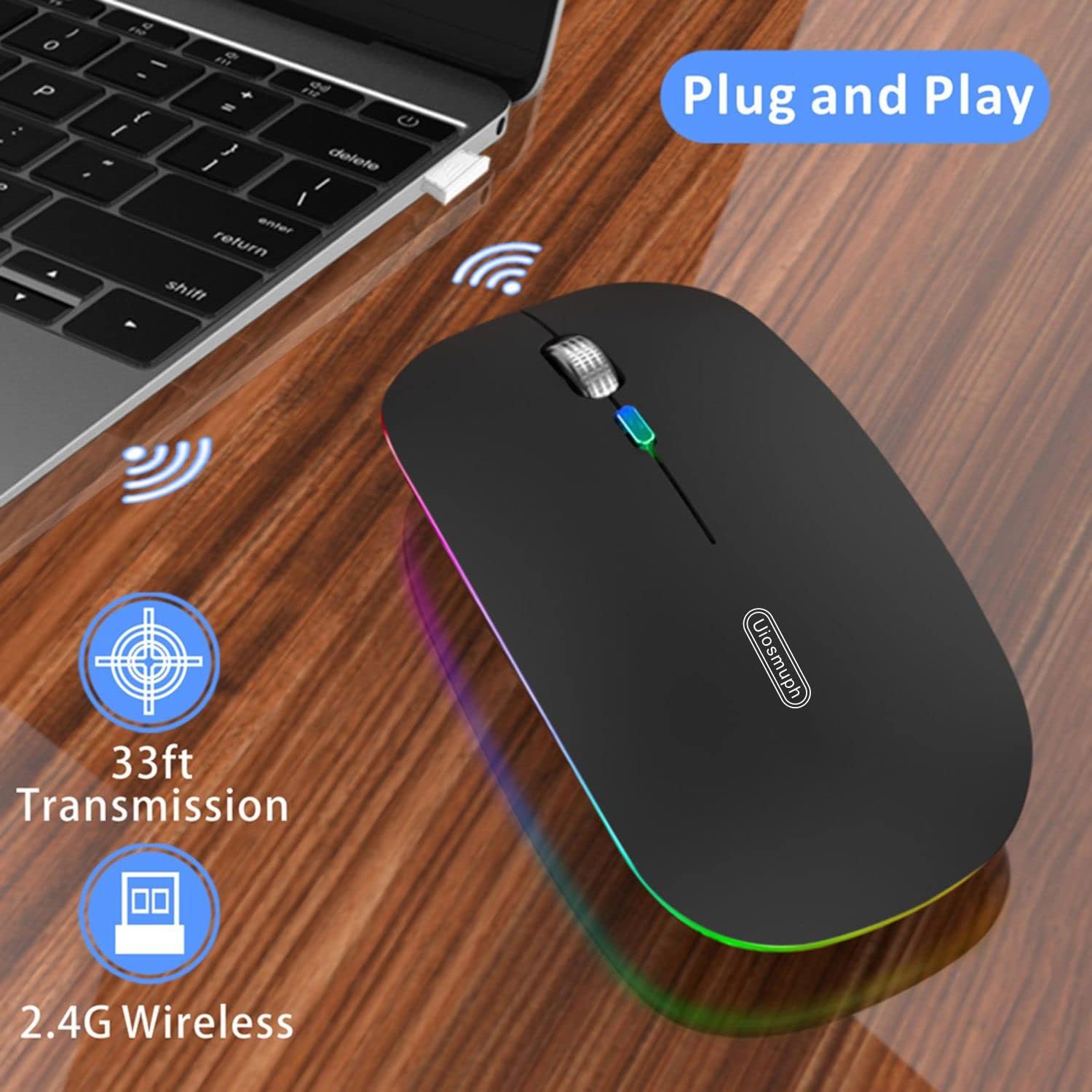 Uiosmuph LED Wireless Mouse, G12 Slim Rechargeable Silent Mouse, 2.4G Portable USB Optical Computer Mice with USB Receiver and Type C Adapter (Matte Black) - Image 3
