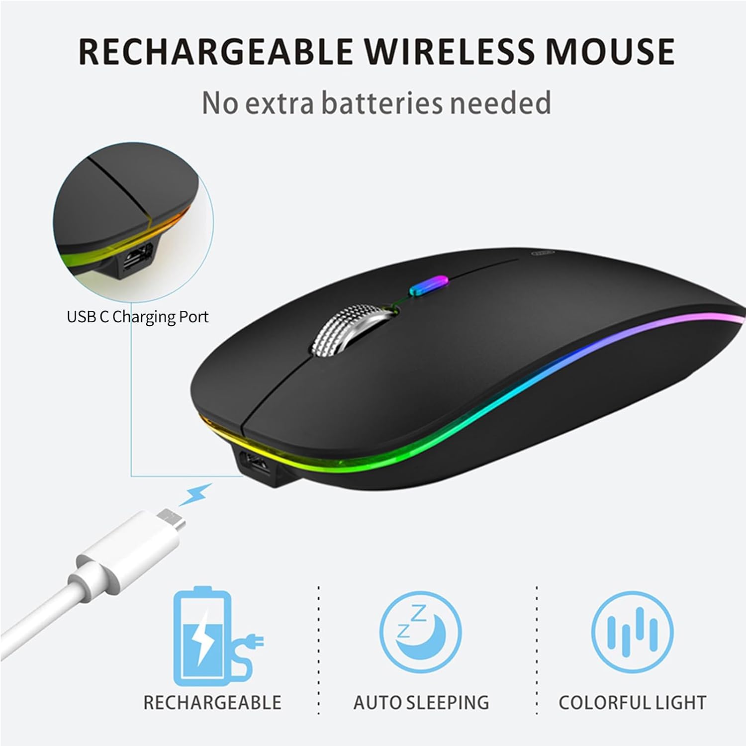 Uiosmuph LED Wireless Mouse, G12 Slim Rechargeable Silent Mouse, 2.4G Portable USB Optical Computer Mice with USB Receiver and Type C Adapter (Matte Black) - Image 5