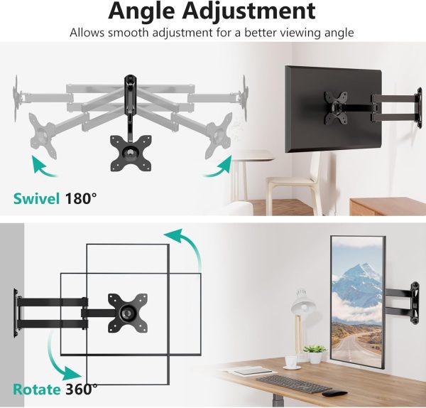 WALI TV Wall Mount Articulating LCD Monitor Full Motion 15 inch Extension Arm Tilt Swivel for Most 13 to 32 inch LED TV Flat Panel Screen with Mounting Holes up to 100x100mm (1330LM), Black - Image 3