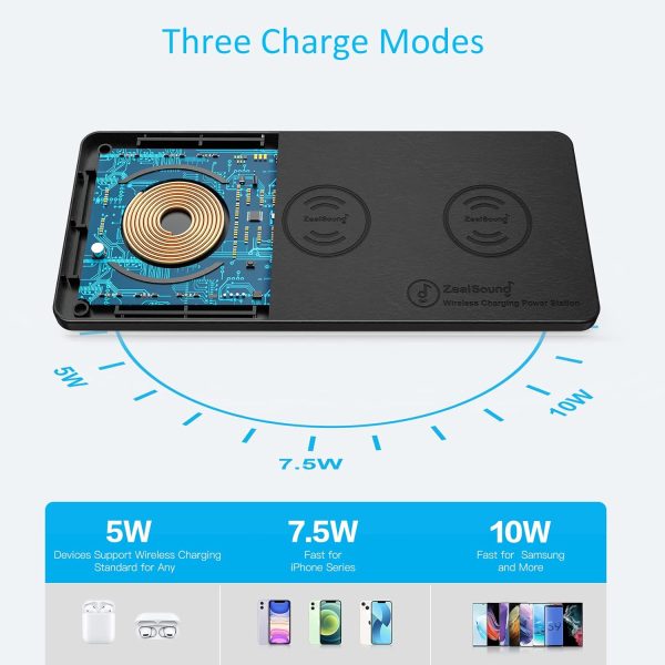 Wireless Charging Pad, ZealSound Ultra-Slim Triple Wireless Charger Station for Multiple 3 Devices & New Airpods Ultra Slim PU Leather Wireless Charging Mat W/AC Adapter for Smartphone Phone (Black) - Image 2