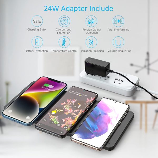 Wireless Charging Pad, ZealSound Ultra-Slim Triple Wireless Charger Station for Multiple 3 Devices & New Airpods Ultra Slim PU Leather Wireless Charging Mat W/AC Adapter for Smartphone Phone (Black) - Image 3