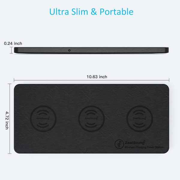 Wireless Charging Pad, ZealSound Ultra-Slim Triple Wireless Charger Station for Multiple 3 Devices & New Airpods Ultra Slim PU Leather Wireless Charging Mat W/AC Adapter for Smartphone Phone (Black) - Image 6